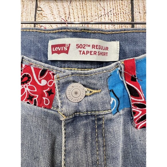 Upcycled Patchwork Denim Shorts Jorts OOAK Levis 502 Youth Sz 14 28W Boho Hippie - Picture 3 of 9